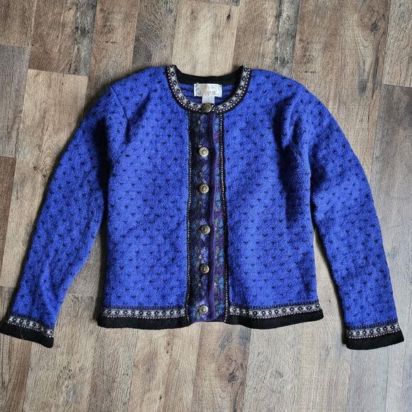 Women Vintage Tally Ho Blue Black 100% Wool Cardigan Sweater Nordic Tag Size M - Picture 1 of 7